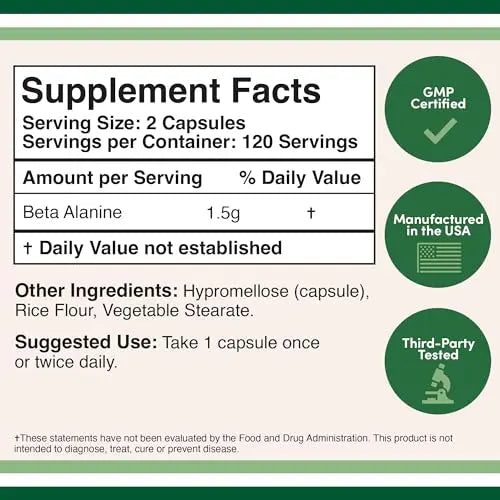 Beta Alanine Powder Capsules (Bulk Jar 240 Pills, 1.5 Gram Servings) Stimulant Free Pre Double Wood Supplements Au supplements
