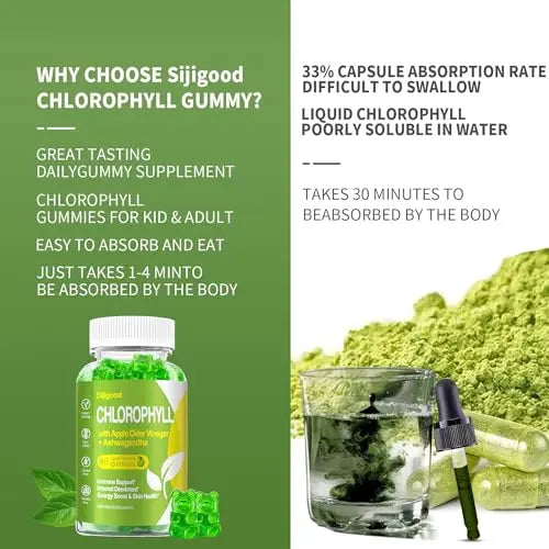 Organic Chlorophyll Gummies with Ashwagandha, Black Seed Oil, Apple Cider Vinegar Sijigood Au supplements