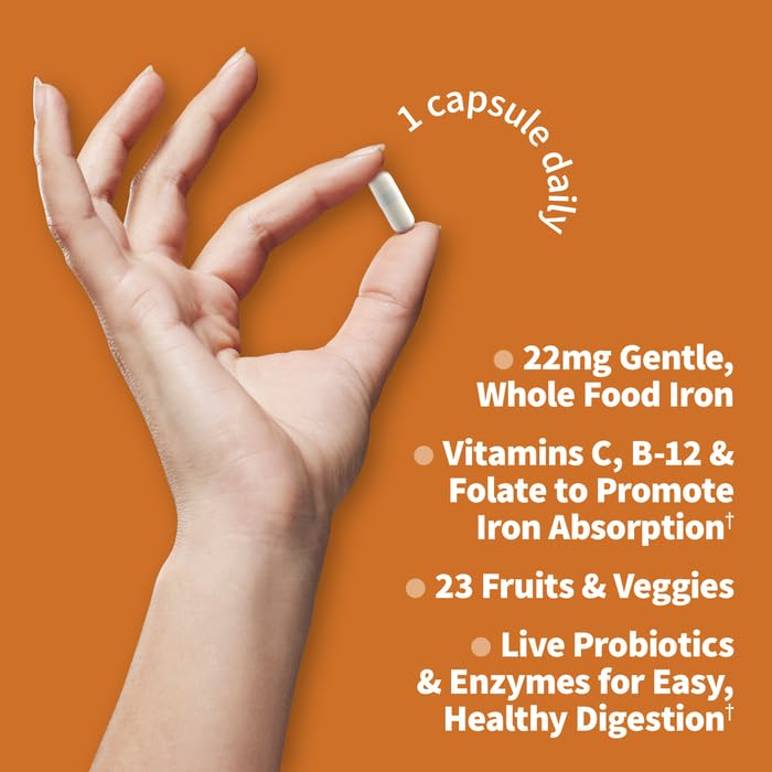 Garden of Life Vitamin Code Raw Iron Supplement - 30 Vegan Capsules, 22mg Once Daily Iron, Vitamins C, B12, Folate, Fruit, Veggies & Probiotics, Iron Supplements for Women
