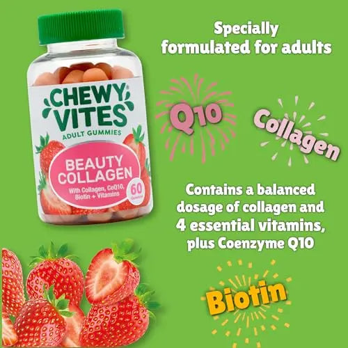 Chewy Vites Beauty Collagen 60 Gummy Vitamins |Hydrolised Collagen, CoQ10, Biotin + Vitamins | 1 Month Supply | Real Fruit Juice | Berry Flavour | 2-a-Day | CHEWY VITES Au supplements