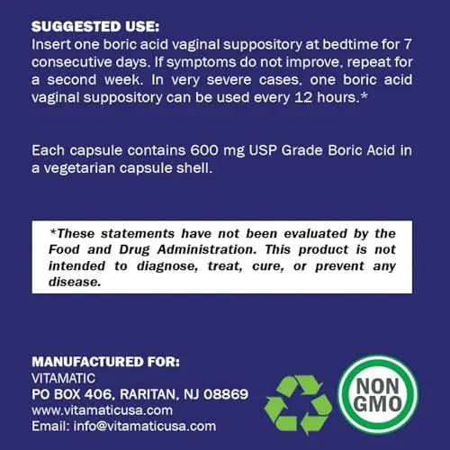Vitamatic Boric Acid Vaginal Suppositories 600 mg USP Grade Boric Acid in Vegetarian Capsule Shell - 60 Count Vitamatic Au supplements