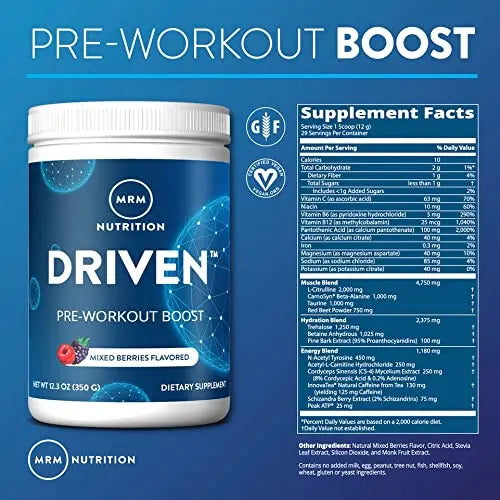 MRM Nutrition Driven Pre-Workout Powder | Mixed Berry Flavored | 125mg Caffeine | Pure MRM Au supplements
