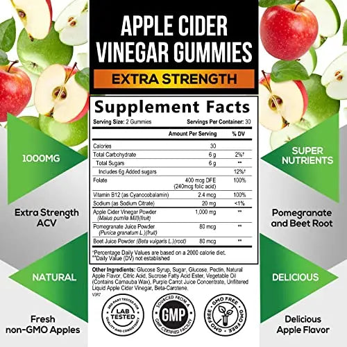 Vegan Apple Cider Vinegar Gummies | Max Strength 1000mg | ACV Supplement Gummy for Adults Health Nutrition Naturals Au supplements
