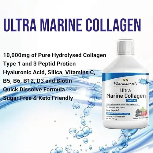 Marine Collagen Liquid 10000mg Sugar Free Berry Flavour, Hydrolysed Peptides, Hyaluronic Acid, Biotin, Silica, Vitamin C, Healthy Skin Pharmanostix Au supplements