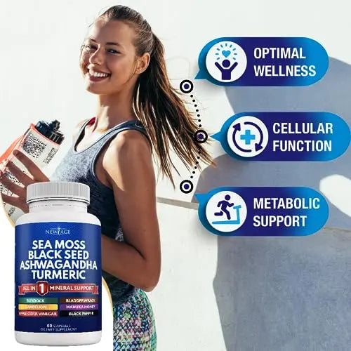 Silica Sea Moss 3000mg Black Seed Oil 2000mg Ashwagandha 1000mg Turmeric 1000mg NEW AGE Au supplements
