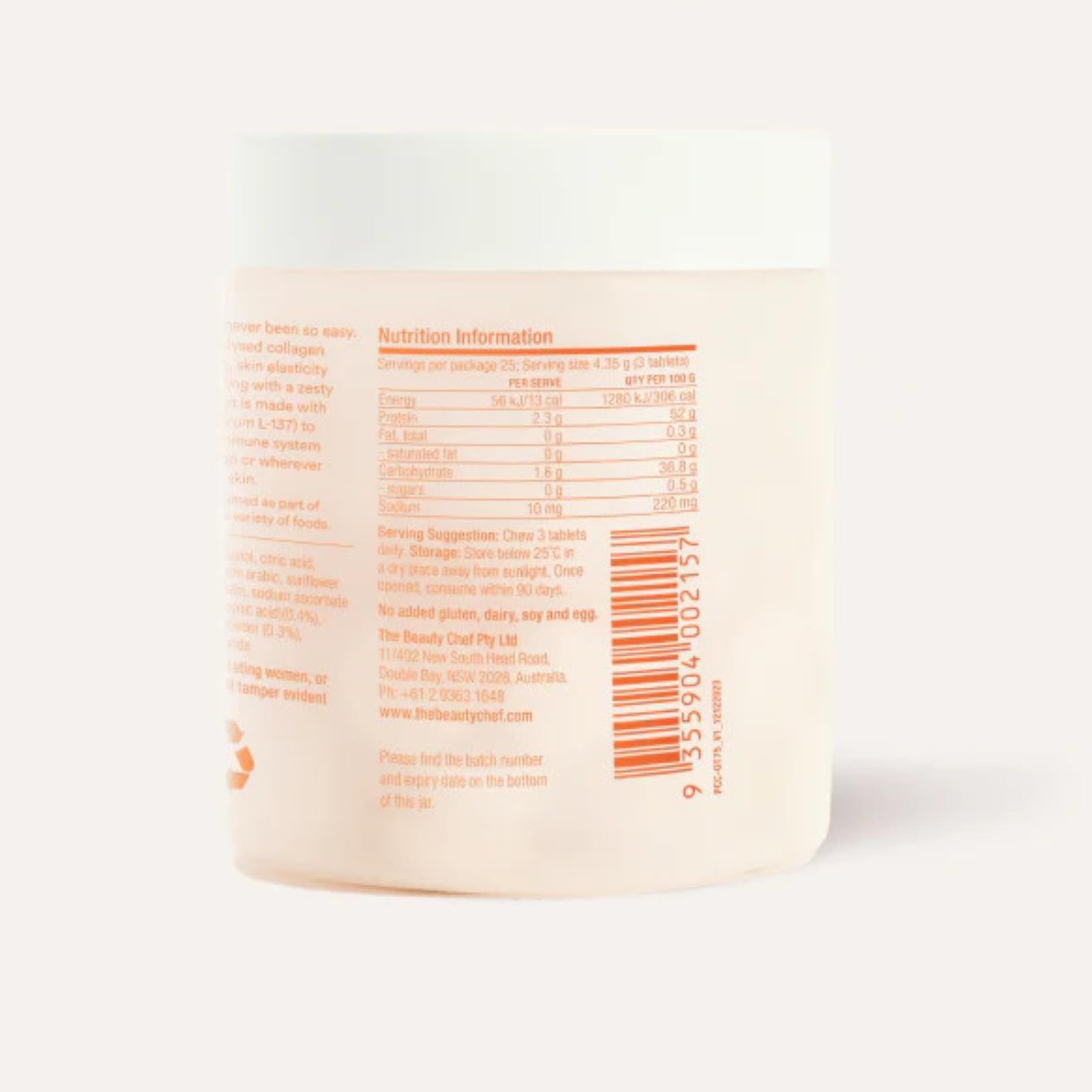 The Beauty Chef Plumpers™ Collagen Chewable Tablets with Hyaluronic Acid & Postbiotic, Supports Skin Elasticity & Collagen, Women's Multivitamin, Collagen Peptides, 75 Tablets (Orange & Turmeric) The Beauty Chef Au supplements