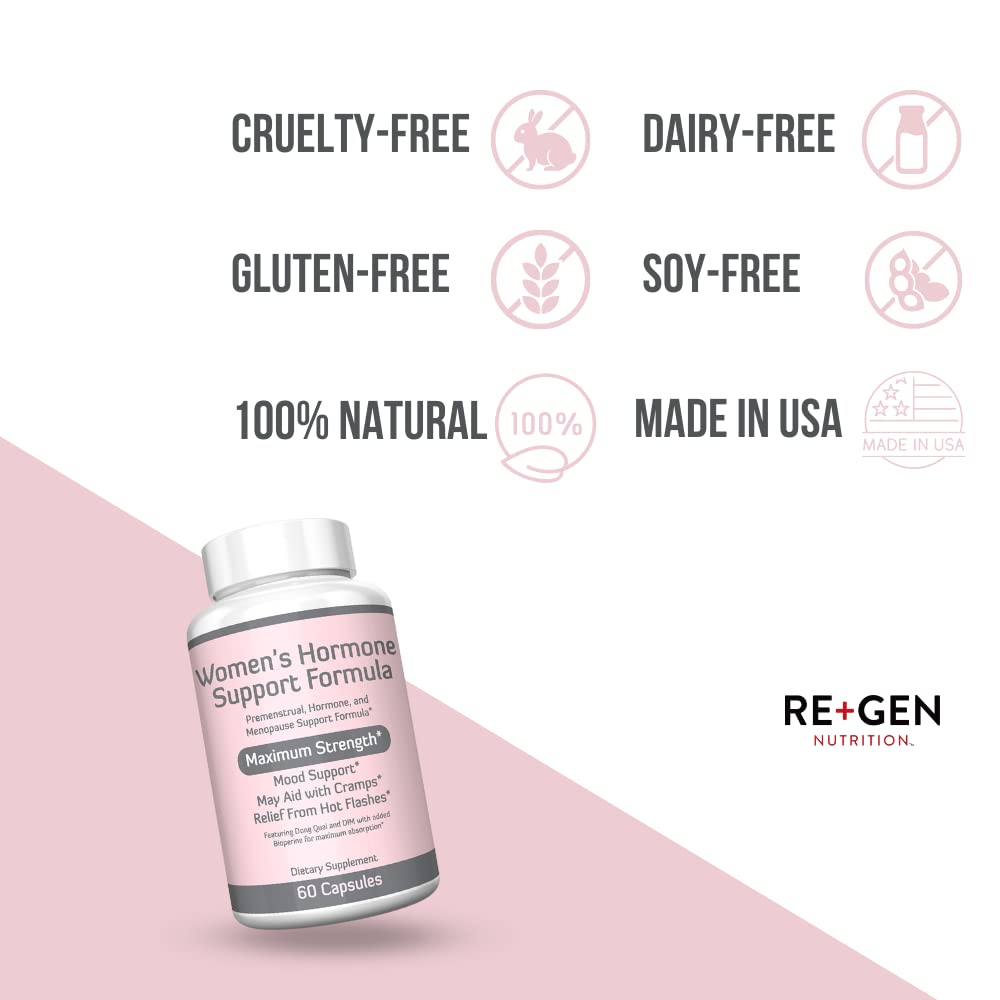 Re+Gen Nutrition Women's Hormone Balance Support, Supplement with Vitamin E, Dong Quai, and DIM 200mg with BioPerine, PMS, Hot Flashes, Mood Swings, Night Sweats Support, 60 Capsules, 2 Month Supply Re+Gen Nutrition Au supplements