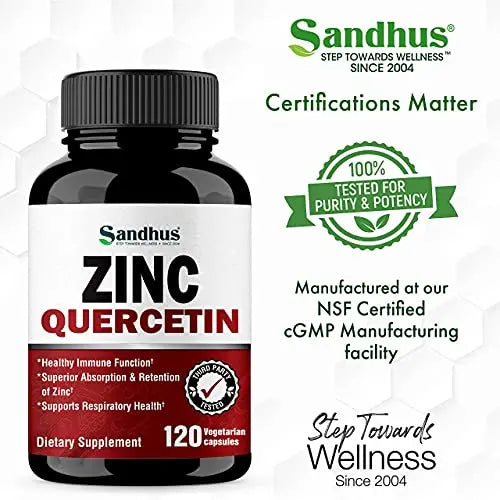 Sandhu's Zinc Quercetin 120 Vegetarian Capsules – Zinc Supplements for Antioxidant Sandhu's Au supplements