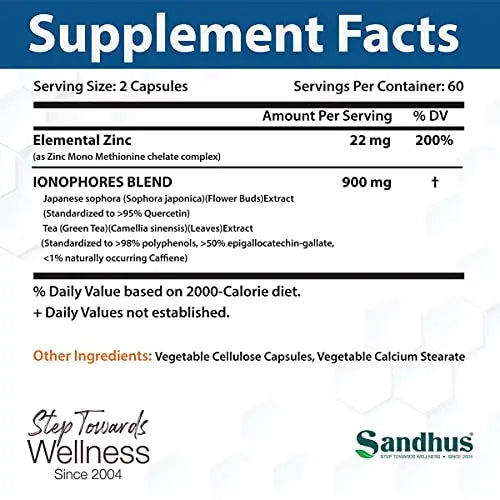 Sandhu's BioZnq 900mg Vegetarian Capsules Zinc Supplement with Quercetin Sandhu's Au supplements