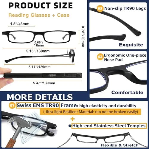 TOVEEN 2 Pack Compact Reading Glasses Anti Blue Light UV, Ultra-thin Slim TR90 Readers TOVEEN Au supplements
