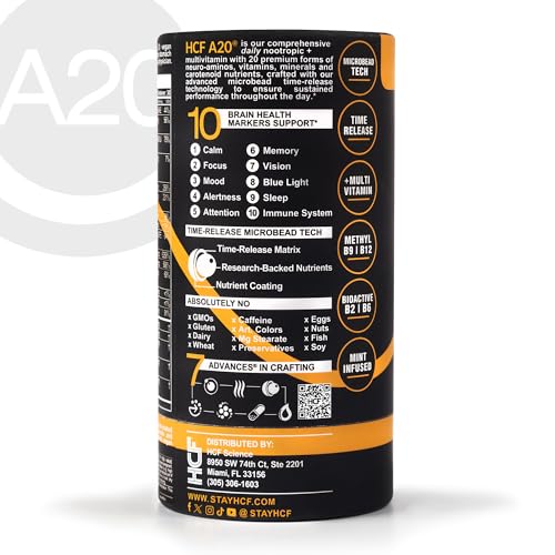 HCF A20 Microbead Brain Health Supplements for Adults for Memory, Focus, Calm, Mood, Alertness, Attention, Vision, Sleep, Immune System, 20 Premium Nootropic Nutrients Multivitamin & 7 Advances® Tech HCF Au supplements