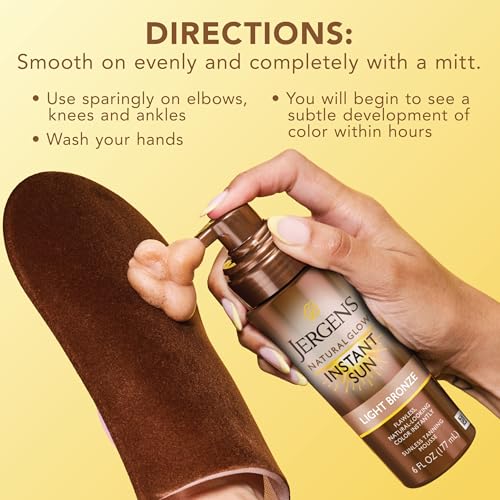 Jergens Natural Glow Instant Sun Body Mousse, Self Tanner for Light Bronze Tan, Sunless Tanning Body Bronzer