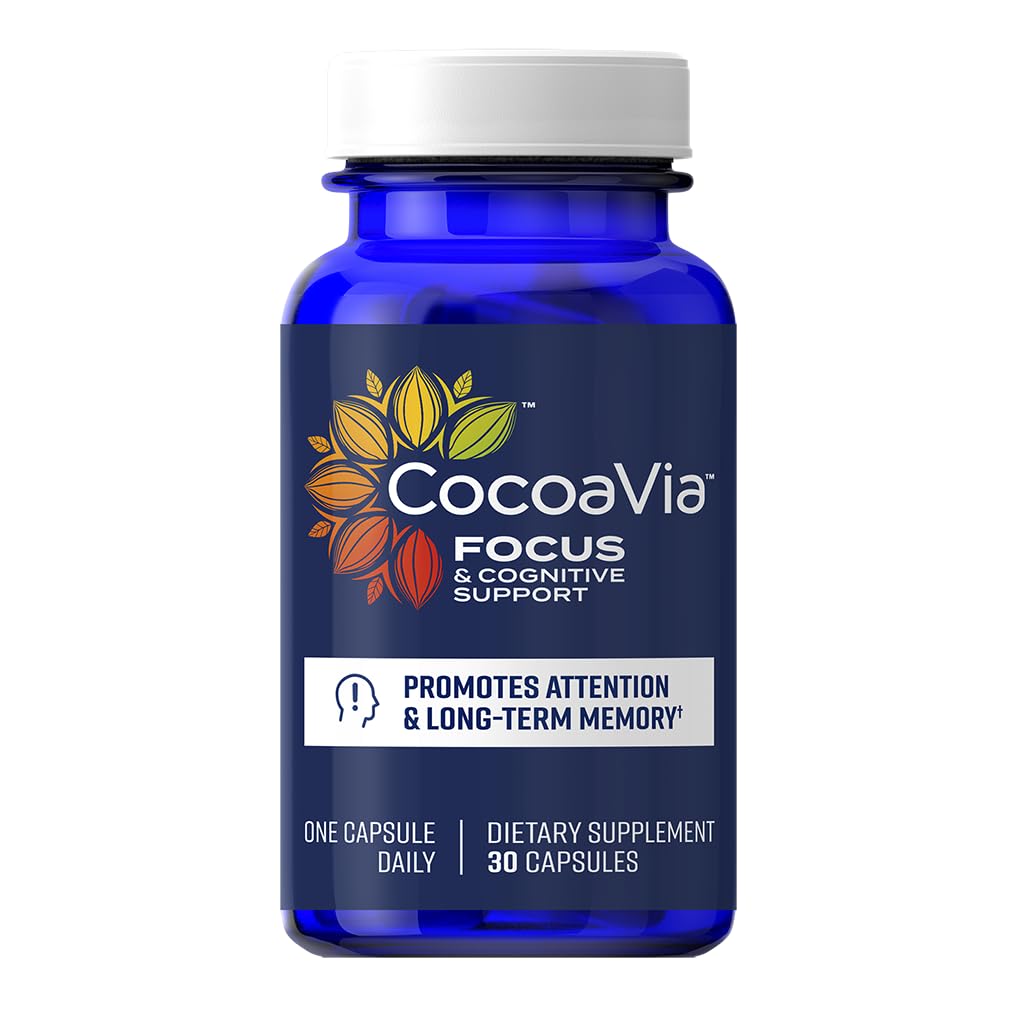 CocoaVia Memory & Focus Brain Supplement, 30 Day, Cocoa Flavanol Blend, Lutein, Added Caffeine for Boost. Improve Cognitive Function, Attention, Vegan & Plant Based, 30 Capsules