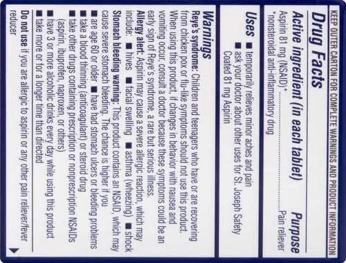 St. Joseph Aspirin Pain Reliever (NSAID) 81mg, Enteric Safety Coated, Adult Low Dose Regimen, 36 ct St. Joseph Au supplements