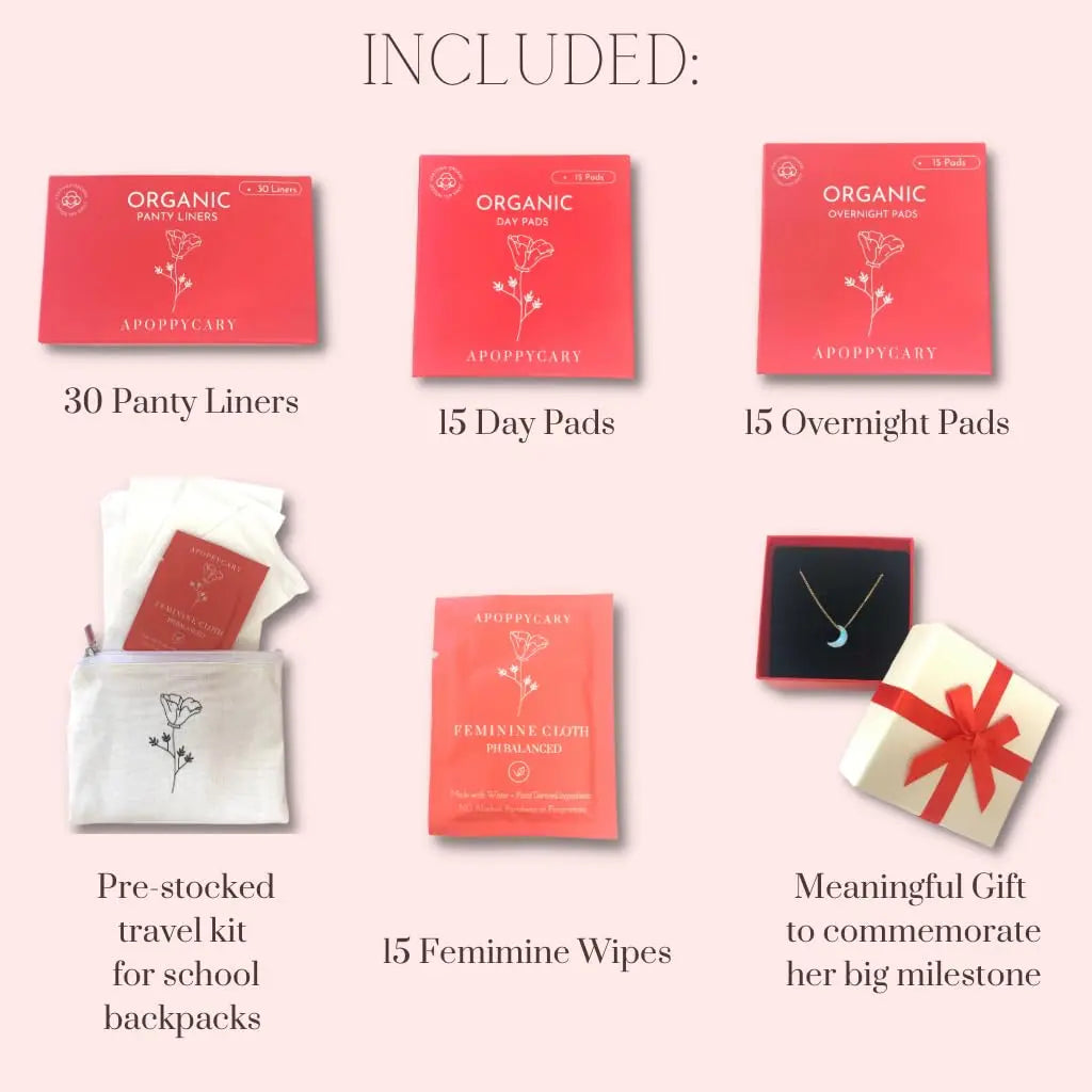 Organic 77 PC Period Kit Moon Box for Teens and Tweens - Organic Cotton Top Sheet Feminine Pads APOPPYCARY Au supplements