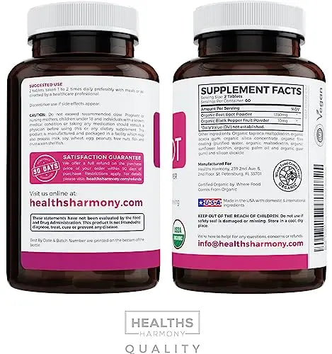 USDA Organic Beet Root Powder (120 Tablets) 1350mg Beets Per Serving with Black Pepper Healths Harmony Au supplements