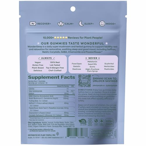 Plant People WonderSleep Mushroom Gummies Supplement for Sleep, No Melatonin with Reishi Super Mushrooms, Wild Elderberry Flavor, Sugar-Free (60 Count)