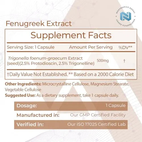 Nootropics Depot Fenugreek Extract Capsules | 500mg | 60 ct | 2.5% Trigonelline Nootropics Depot Au supplements