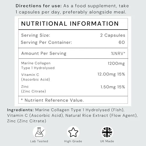 Marine Collagen Capsules 1200mg with VIT C (12mg) and Zinc (1.5mg) - Made in The UK Futuro Labs Au supplements