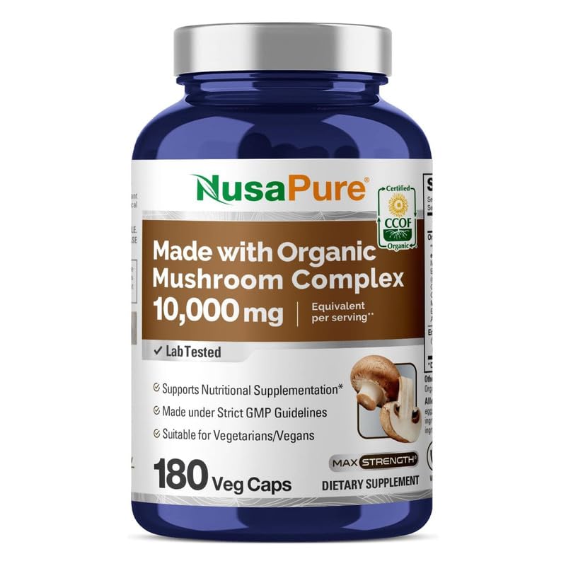 NusaPure Organic Mushroom Complex 10,000mg per Capsule, 180 Veggie Caps, Non-GMO, Enoki, Turkey Tail, Reishi, Chaga, Maitake NusaPure Au supplements