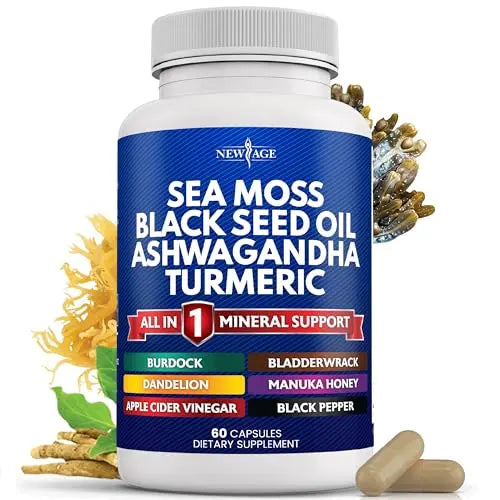 Silica Sea Moss 3000mg Black Seed Oil 2000mg Ashwagandha 1000mg Turmeric 1000mg NEW AGE Au supplements