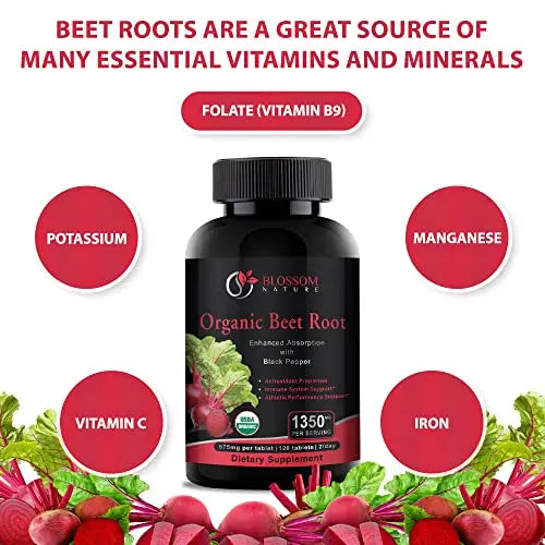 Organic Beet Root Powder 1350mg with Black Pepper-Nitric Oxide Booster, Digestive System Blossom Nature Au supplements