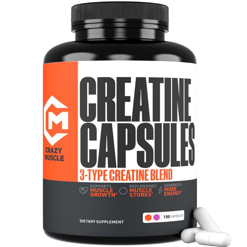 Creatine Capsules, 5g Premium 3X ThreeAtine Pre Workout Bulk Muscle Mass Gainer, High Absorption Easy to Take Creatine Monohydrate Pills Alternative Optimum Performance for Men Women, 180 Capsules Crazy Muscle Au supplements