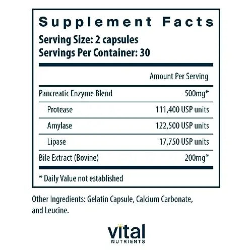 Vital Nutrients Pancreatin and Ox Bile Extract | Natural Digestive Enzyme Vital Nutrients Au supplements