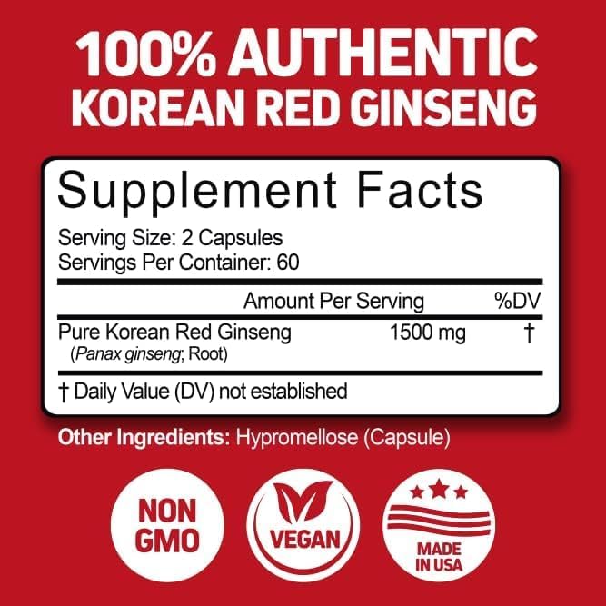 Herbtonics Korean Red Panax Ginseng 1500mg - Energy Supplement for Peak Performance, Focus & Vitality - High Potency Ginseng Root Extract - 120 Vegan Capsules Herbtonics Au supplements