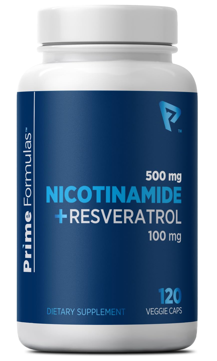Nicotinamide 500 mg with Resveratrol 100 mg 120 Veggie Capsules - Non-GMO Vitamin B3, Supports Metabolic Health, NAD+, Skin Cell & Mitochondrial Energy Production. Made in USA for Men and Women Prime Formulas Au supplements