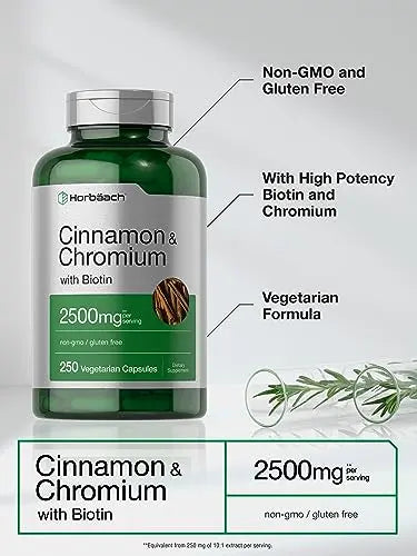 Cinnamon with Chromium Picolinate 2500mg | 250 Capsules | Plus Biotin | Vegetarian Horbäach Au supplements