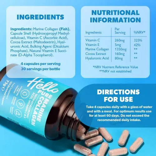 Marine Collagen Capsules - 1855mg - 120 Capsules - Enriched with Hyaluronic Acid & Vitamins C & E Hello Pure Au supplements