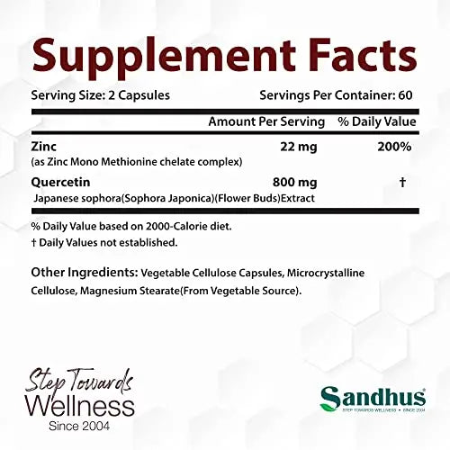 Sandhu's Zinc Quercetin 120 Vegetarian Capsules – Zinc Supplements for Antioxidant Sandhu's Au supplements