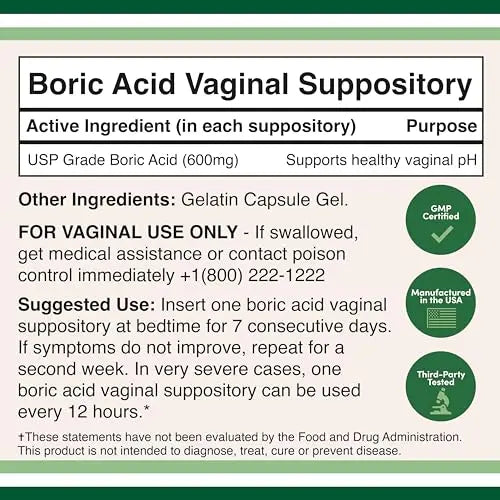 Boric Acid Vaginal Suppositories (600mg, 60 Count) Supports Vaginal pH Balance, Odor Control Double Wood Supplements Au supplements