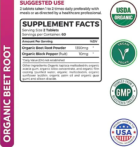 USDA Organic Beet Root Powder (120 Tablets) 1350mg Beets Per Serving with Black Pepper Healths Harmony Au supplements