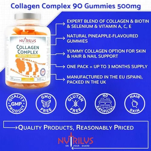 Collagen Complex 90 Natural Pineapple Gummies 500mg - Large Pack - with Biotin & Selenium Nutrilus Au supplements