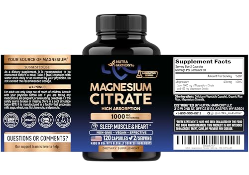 Magnesium Citrate Capsules 1000mg | High Absorption Supplement - Sleep, Muscle & Heart Support - Vegan | Non-GMO - Made in USA - As Powder