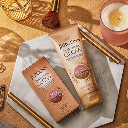 Jergens Natural Glow Self Tanner Face Moisturizer with SPF 20 Facial Sunscreen, Medium to Deep Skin Tone, Sunless Tanning, Oil Free