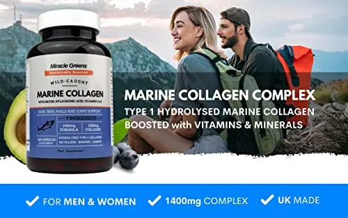 Marine Collagen 1400mg | 120 Capsules with Biotin, Hyaluronic Acid, Vitamin C, E, B2, Zinc, Copper & Iodine Miracle Greens Au supplements