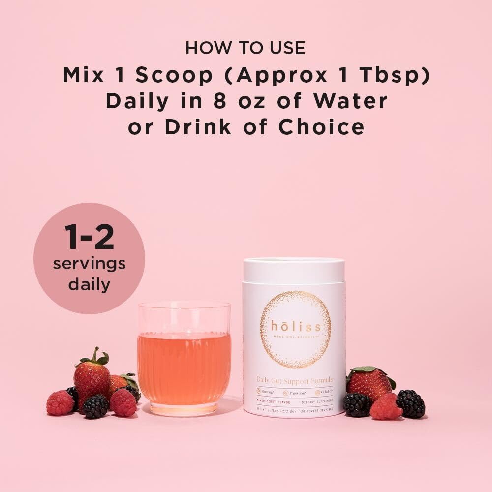 HOLISS Daily Gut Health Kit – 6-in-1 All Natural Supplement, Bloat & Gas Aid, GI Lining Repair, IBS Support – Lemon Balm, L-Glutamine, PepZinGI, Mixed Berry, 30 Servings, Electric Mixer & Spoon HOLISS Au supplements