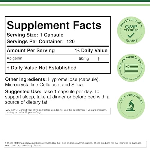 Apigenin Supplement - 50mg per Capsule, 120 Count (Powerful Bioflavonoid Found in Chamomile Tea for Relaxation, Sleep, and Mood) Senolytic