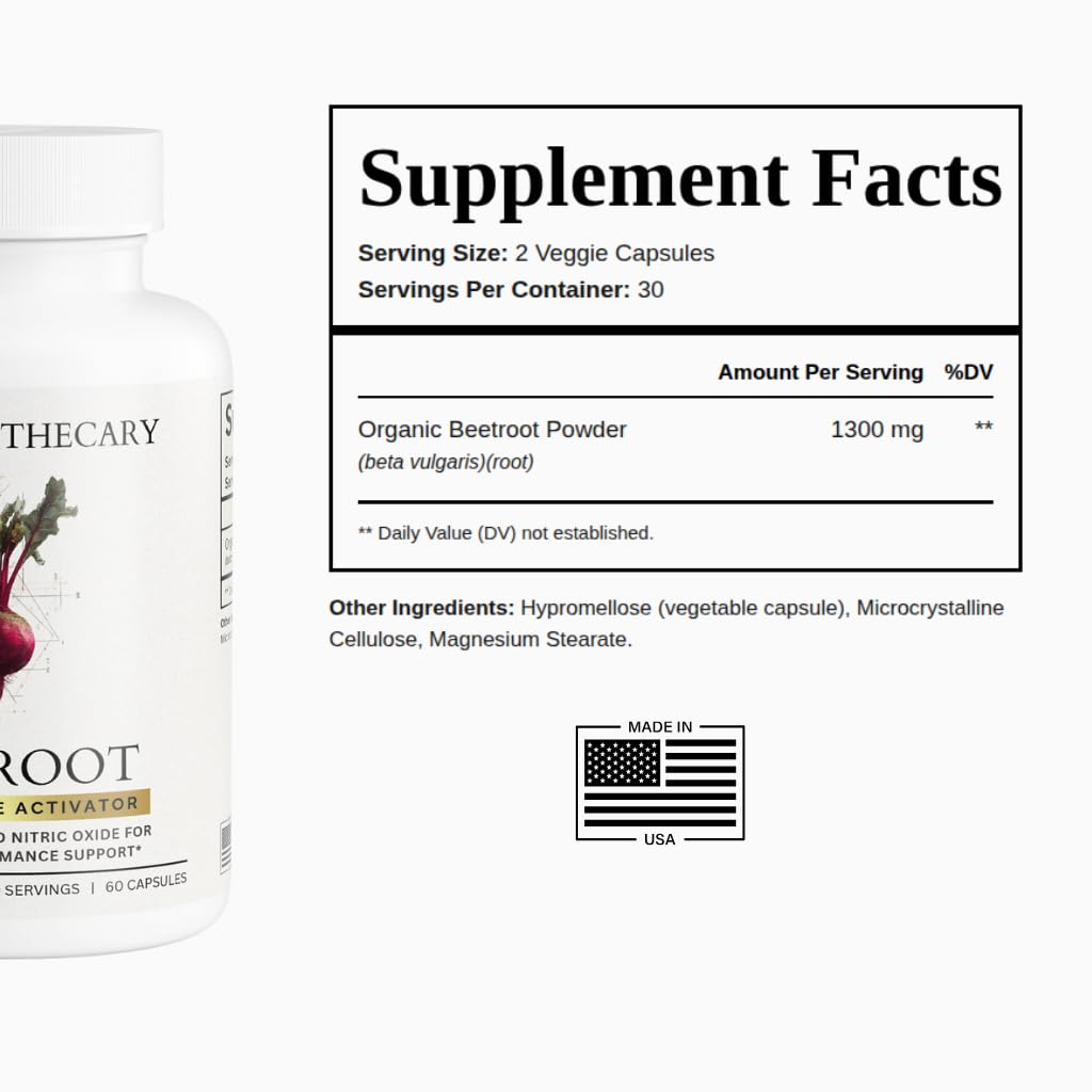 Dear Apothecary Organic Beetroot Capsules | 1300mg Beet Root Powder | Nitric Oxide Precursor | 60 Vegetarian Capsules | Non-GMO, Gluten Free, Vegan