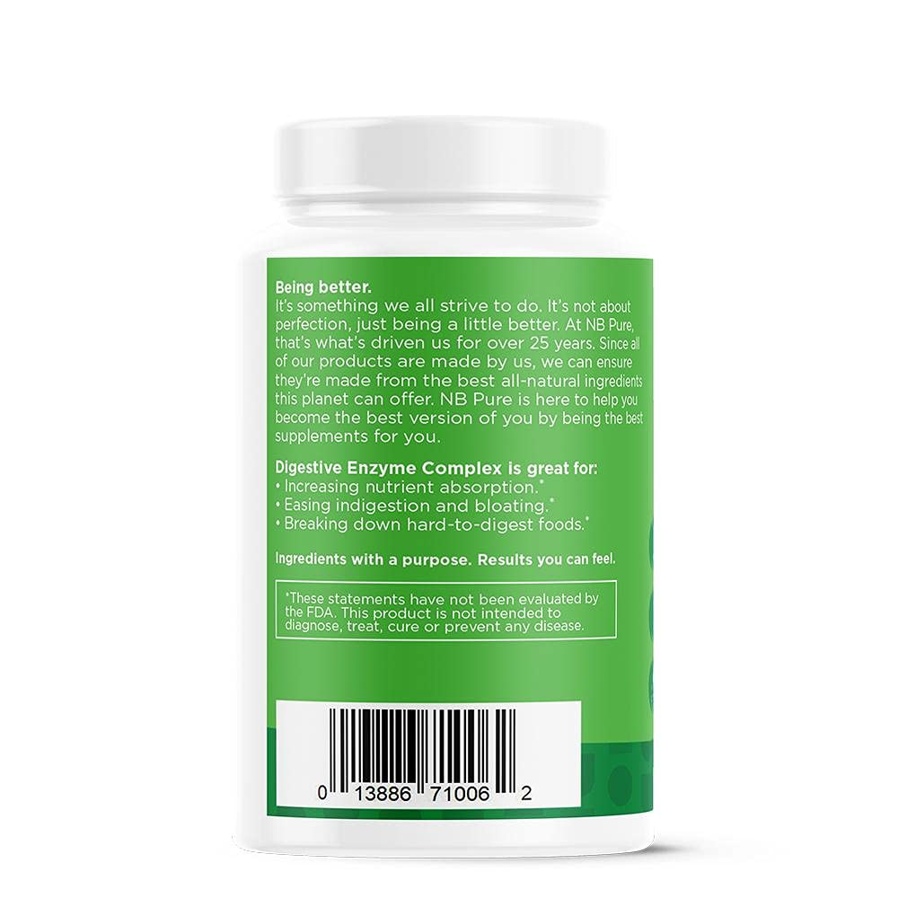 nbpure Vegan Digestive Enzyme Complex – Daily Bloating, Gas, & Food Digestive Support for Women & Men – 12 Enzymes & 3 Herbs – Lactase, Protease, Lipase