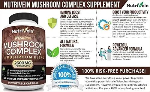 Nutrivein Mushroom Supplement - 2600mg - 90 Capsules - 11 Organic Mushrooms Nutrivein Au supplements