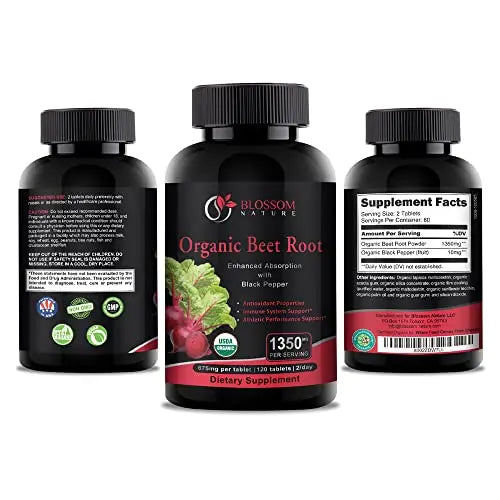 Organic Beet Root Powder 1350mg with Black Pepper-Nitric Oxide Booster, Digestive System Blossom Nature Au supplements