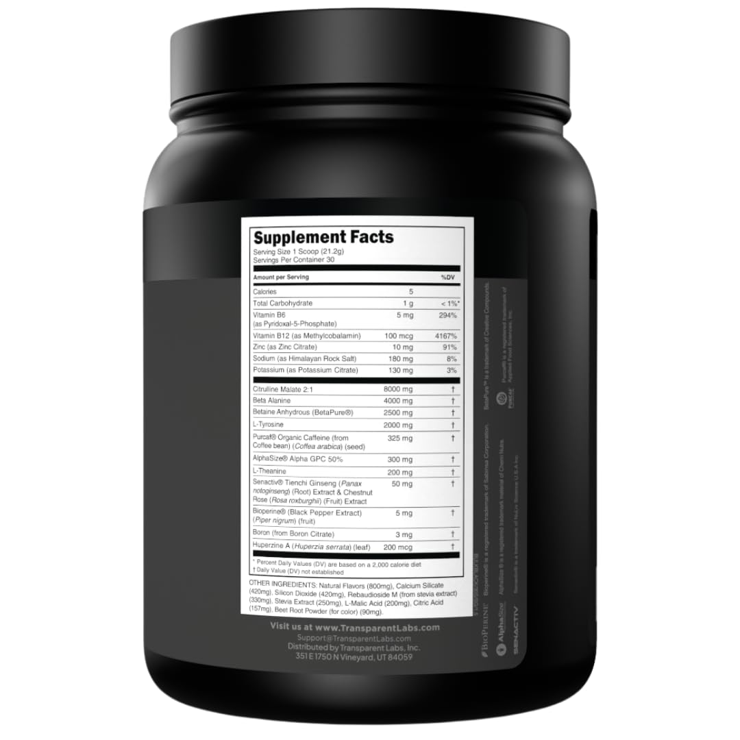 Transparent Labs Bulk Black Pre Workout - Clinically Dosed, Sugar Free Preworkout for Men and Women with Beta Alanine Powder, Citrulline Malate