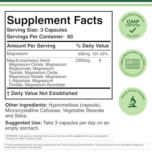 Magnesium Complex Supplement 180 Capsules (426mg Elemental Magnesium Provided by 2,300mg of Eight Different Forms of Magnesium) MAG-8 Provides 100% Daily Recommended Value of Magnesium by Double Wood Double Wood Supplements Au supplements