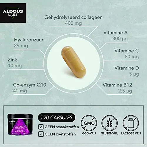 120 Capsules - Collagen with Hyaluronic Acid + Coenzyme Q10 + Vitamin C, A, D and B12 + Zinc Aldous Labs Au supplements