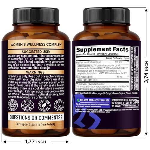 Probiotics for Women 50 Billion CFU - Vaginal Probiotics Clinically Proven for Yeast & pH Balance - Digestion & Bloating Relief - 8 Strains + Prebiotics - Delay Release - Made in USA, 30 Capsules NUTRAHARMONY Au supplements