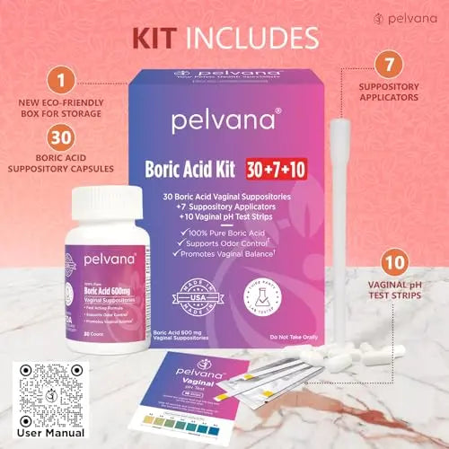 Pelvana Boric Acid Suppositories for Women 30 + 7 Applicators + 10 pH Test Strips Pelvana Au supplements